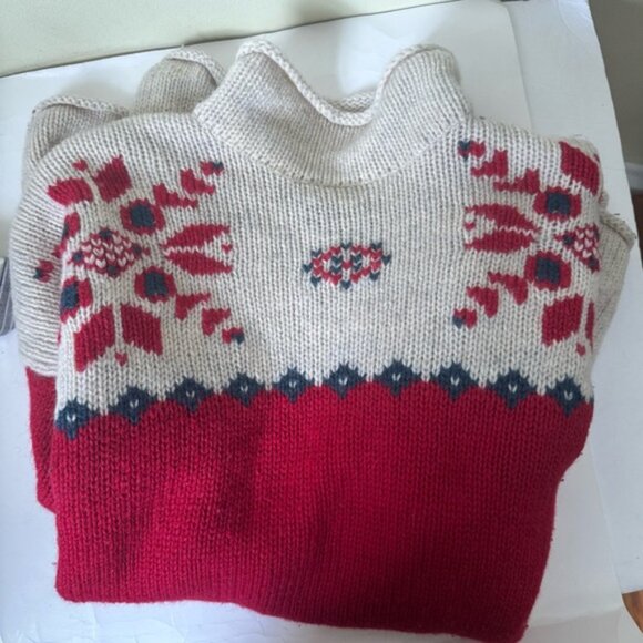 Eddie Bauer Vintage 90s Nordic Wool Heavy Knit Sweater Red Tan Hi Funnel Neck L - Picture 6 of 16